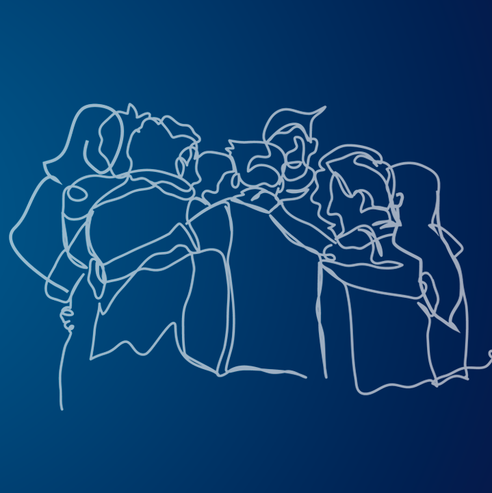 Ilustração em tons de azul com silhuetas de pessoas se abraçando