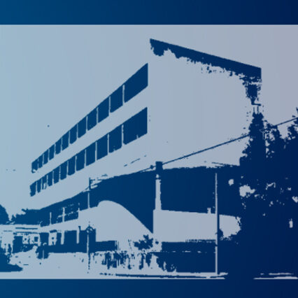 Ilustração em tons de azul do prédio da Pró-Reitoria de Assuntos Estudantis